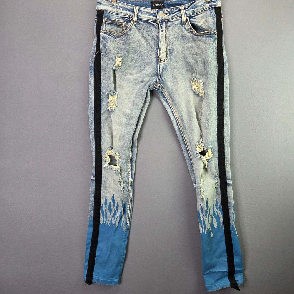 Cooper 9 Distressed Flame Print Jeans 34 Blue Side Stripe Streetwear Denim